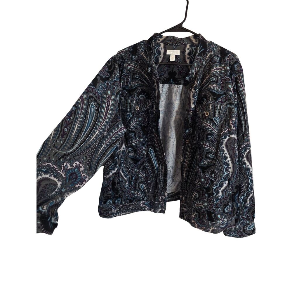 Charter Club Velvet Corduroy Paisley Trucker Jacket Plus 2X Blue Grey Stretch